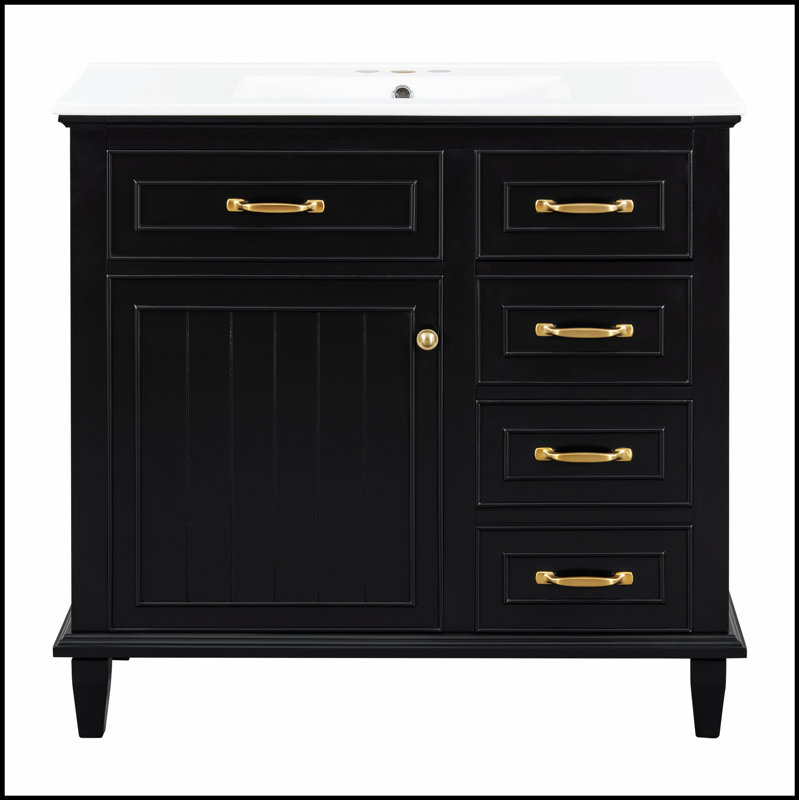 Meuble-lavabo de 36 pouces avec lavabo en céramique, structure en bois massif, armoire en bois aggloméré et peuplier, tiroirs rabattables, tablette réglable et poignées en alliage de zinc
