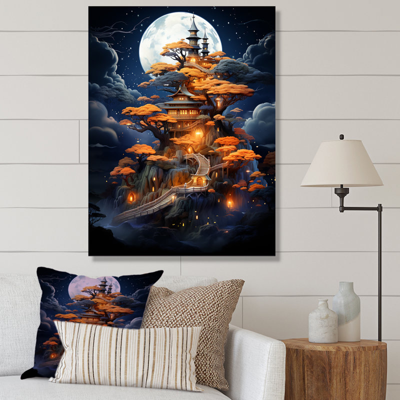 «Moonlight Castle Tree House Dream», art mural Chine, White Picture Framed, 32" H x 16" W