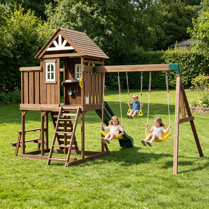 Wooden Swing Set with 2 Swings, Wave Slide, Play Deck, Climbing Wall & Trapeze Rings - Outdoor Backyard Playset for Kids - Heavy Duty Wooden Jungle Gym