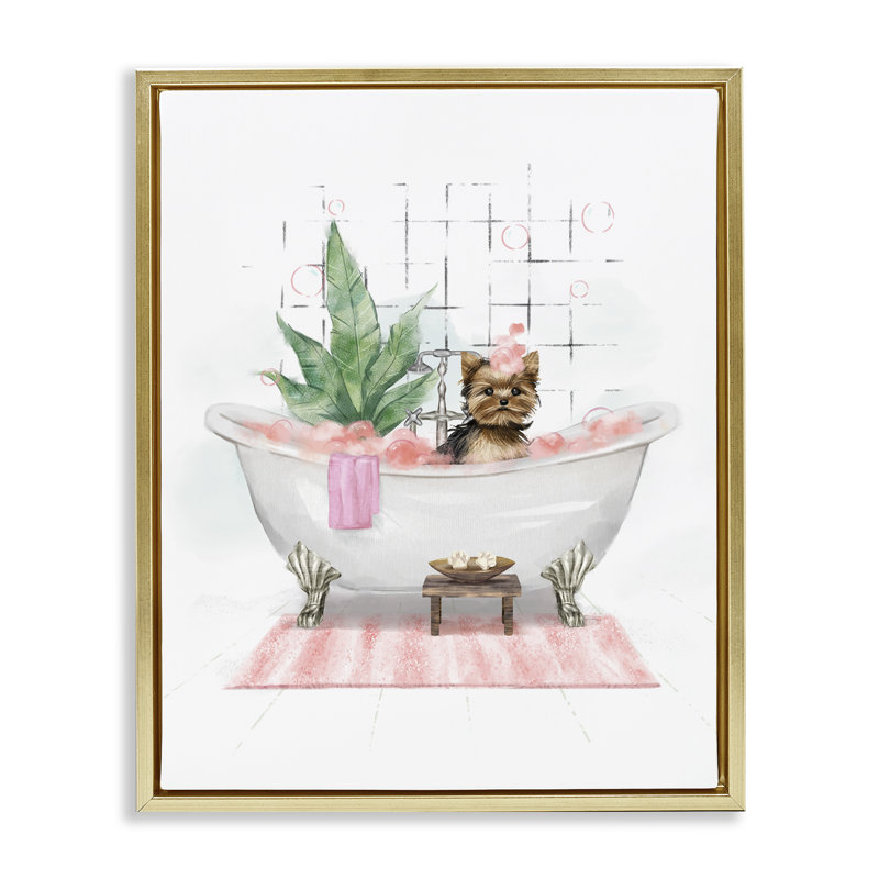  «Glam Pup in Tub» par Ziwei Li, H 21 po x l 17 po, Cadre flottant métallique doré