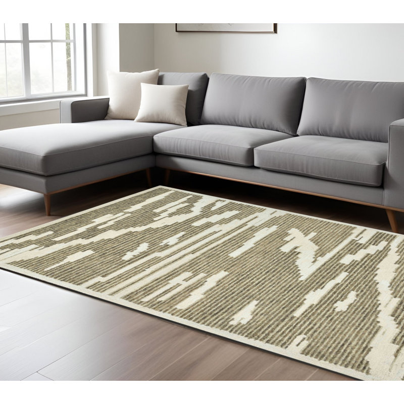 Tapis abstrait crocheté à la main en laine beige et brun 8 pi x 10 pi, Rectangle 8 pi x 10 pi