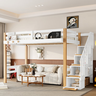 Lit mezzanine simple, cadre de lit mezzanine en bois avec étagères de rangement, patère, étagères à livres et grand espace sous le lit, blanc et naturel