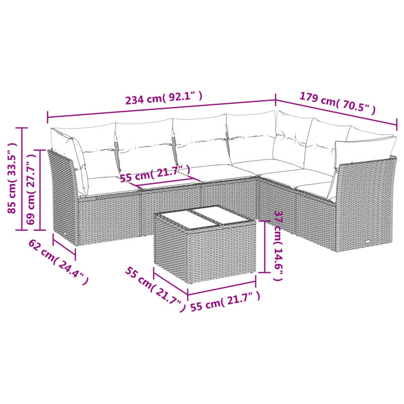  Ensemble de canapé de patio 7 pièces avec coussins en rotin de polyester noir