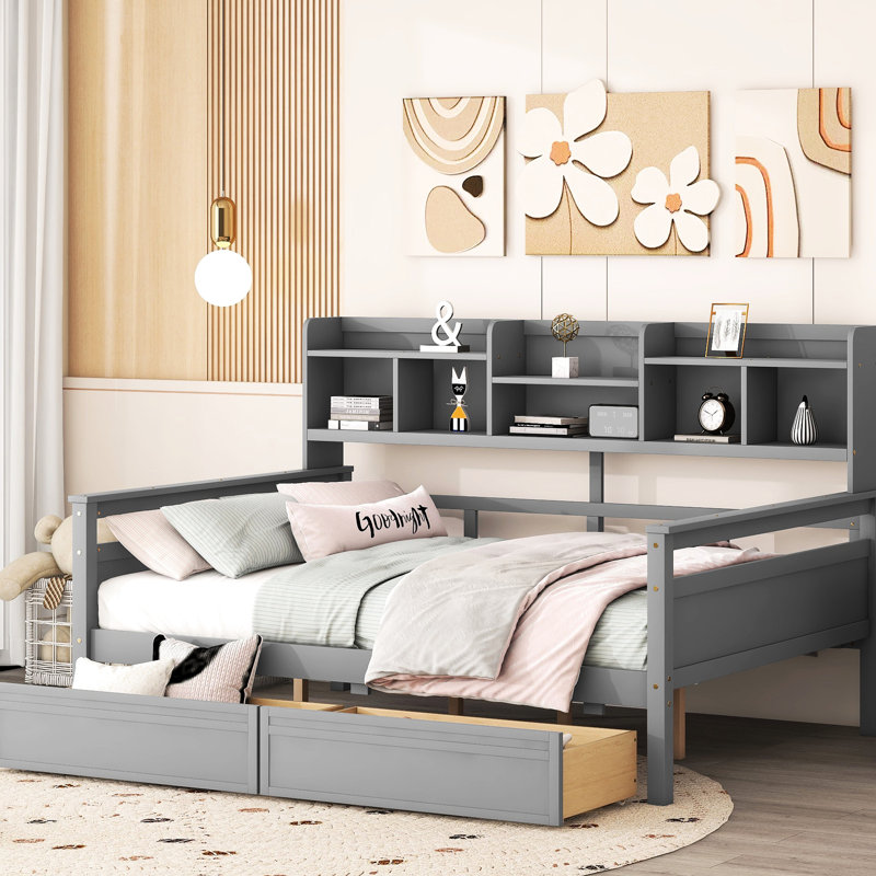 Elegant Size Daybed In Gray, Wood Slat Base, Bedside Shelf & 2 Drawers - Multi-Purpose For Home Interior Supported Structure, Multi-Functional Decor