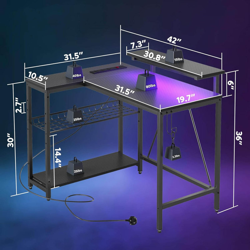 L-Shaped Metal Base Computer Desk, Black