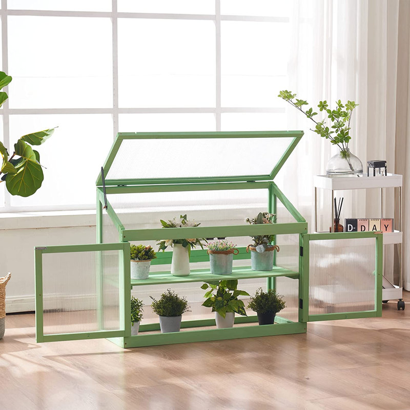 35.4" W x 14.6" D 2-Tier Wooden Cold Frame Garden Greenhouse, Green