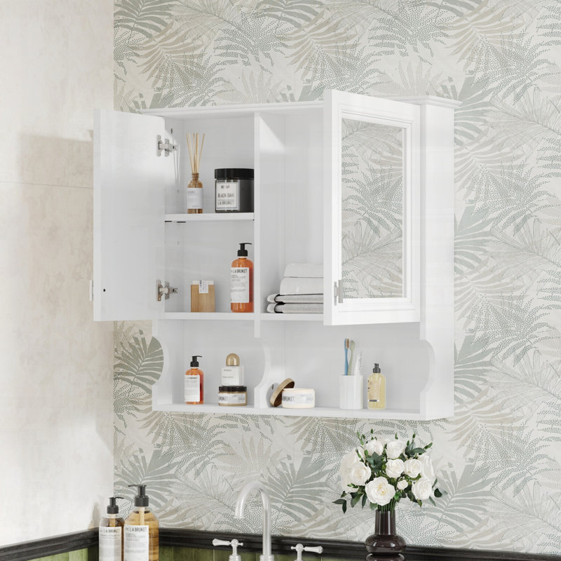 Wall Mounted Mirror Medicine Cabinet with Adjustable Shelf, White