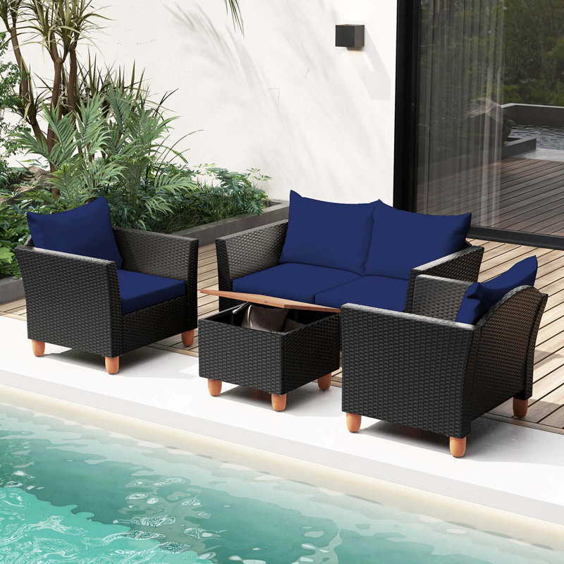 4 Pcs Wicker Patio Furniture Set With Removable Cushions Storage Coffee Table, Navy