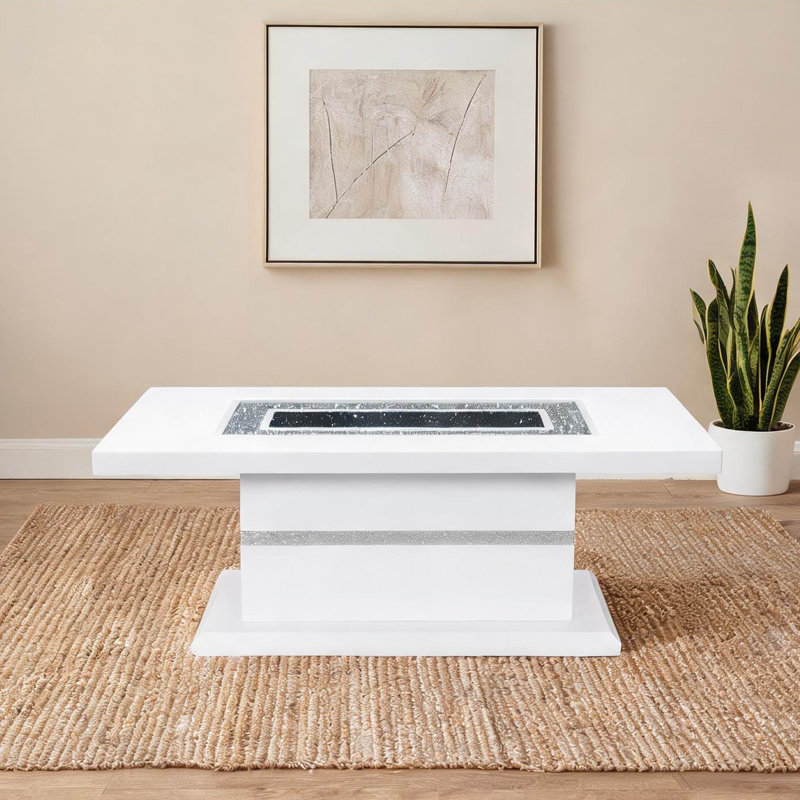 Table basse 52 pouces rectangulaire avec incrustation de verre transparent et finition blanche ultrabrillante, style contemporain