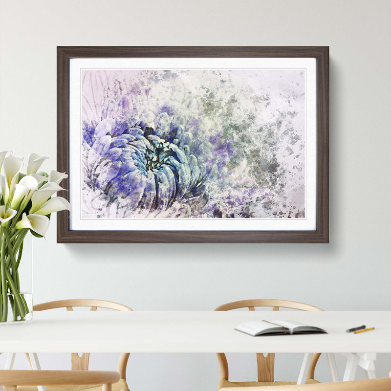 Lilac & Blue Chrysanthemum in Abstract - Picture Frame Painting Print, 27cm H x 36cm W x 2cm D, Walnut Framed