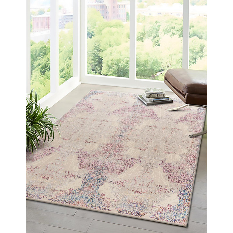 Tapis contemporain Orianthi de couleur ivoire-mauve, Rectangle 10 pi x 13 pi 8 po