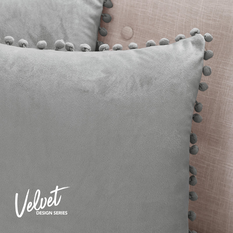 Gray Velvet Pom-Pom Trim Euro Pillow Covers, 22x22, Set of 2