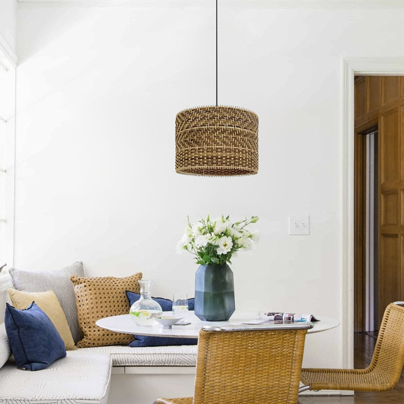 Brown Rattan Pendant Light for Workplace Dining Living Bedroom Kitchen Farmhouse, 9.84'' H x 11.81'' W x 11.81'' D