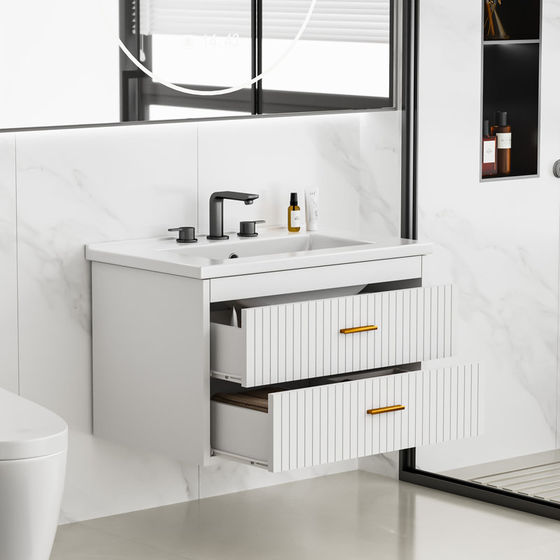 Floating Bathroom Vanity with basin, 24" Wall Mounted Cabinet 2 Soft Close Drawers Gold Handles White, White