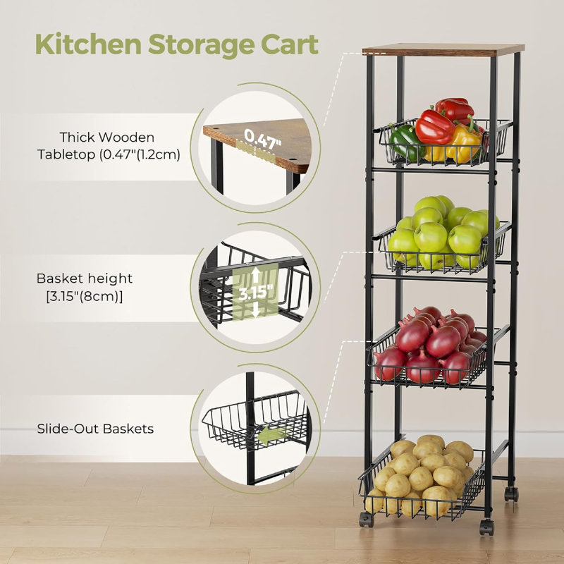 5-Tier Rolling Kitchen Organizer With Slide-Out Baskets And Wood Top For Efficient Pantry Storage