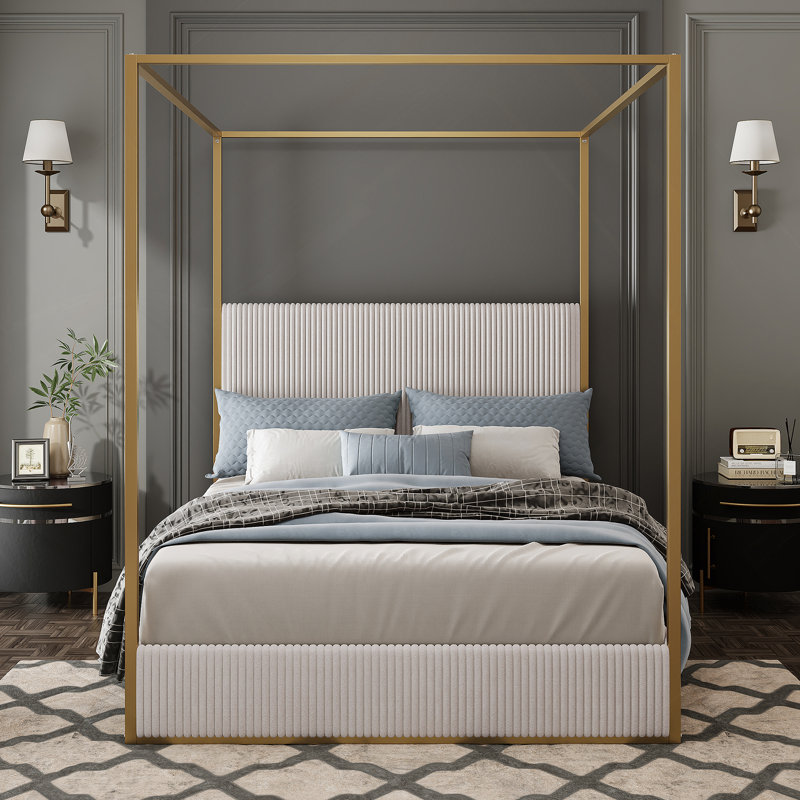 Modern Luxury Metal Canopy Bed with Tall Upholstered Headboard and Four Poster, No Box Spring Needed, King, Beige/Gold, King