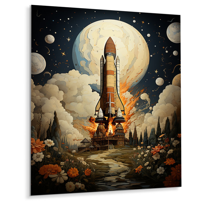 «Voyage impressionniste de fusée cosmique rétro» sur métal, H 32 po x l 16 po