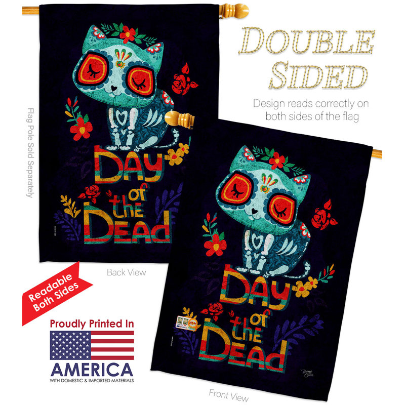 Drapeau de maison en polyester 40 x 28 po Day of Mort Skull Cat