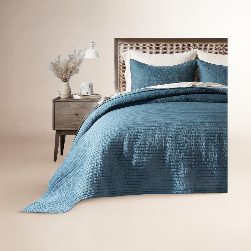 Ensemble de courtepointe en coton et satin, Bleu Sonoma, Courtepointe pour lit grand + deux taies décorati