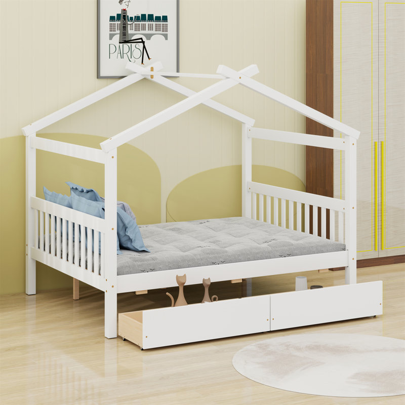Wooden House Bed With Drawers, Full, White