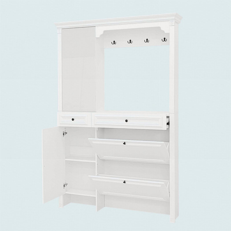 54.7'' Hall Tree With Integrated Shoe Cabinet And Mirrored Cabinet Door, Coat Hanger, Entryway Bench, 4-In-1 Design, 2 Flip Drawers, 4 Hooks And 2 Cabinets
