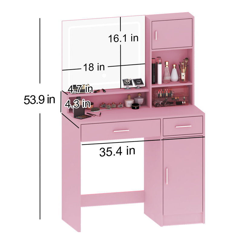 Bureau de coiffeuse avec miroir et bande lumineuse à DEL, coiffeuse avec grand tiroir, commode de rangement à 3 niveaux et 3 modes d'éclairage à luminosité réglable
