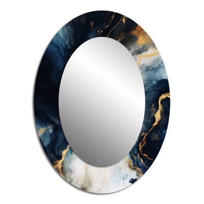 Gold And Blue Abstract Marble Paint II - Gold Modern Oval Wall Mirror