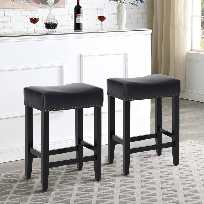 25.75" H Mid-Century Modern Backless Upholstered Counter Stool with Wood Frame, Black PU Leather, Black
