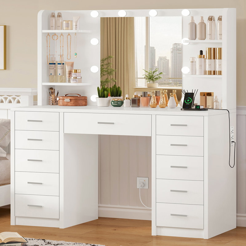 Table de maquillage avec 11 tiroirs, 6 tablettes de rangement ouvertes et 5 crochets, 3 modes d'éclairage réglables en luminosité, bureau de coiffeuse avec miroir et lumières, prise de courant, table de coiffeuse pour chambre à coucher, blanc