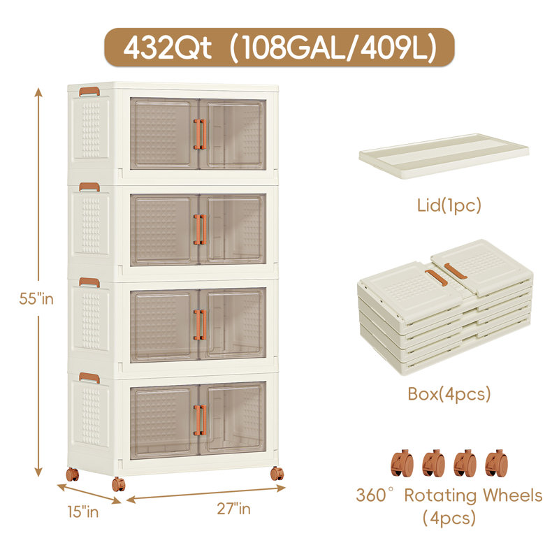  432 Qt Plastic Storage Bins With Lids, Doors & Wheels, 4 Pack Extra Large Stackable Collapsible Storage Cabinets And Closet Organizers For Home Office, Cream