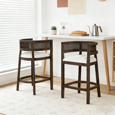 Wood And Rattan Upholstered Arm Counter Stools