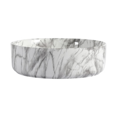 Above Counter White And Grey Ceramic Vessel Sink, Easy To Maintain, Smooth Surface, 4.82 Inches High Round Sink For Bathroom Countertop, Low Water Absorption, Three - Layer Glaze, 15.9 Wide