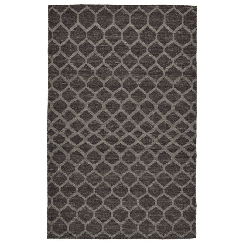 Hallock Geometric Hand Hooked Wool Charcoal Area Rug, Rectangle 9' x 12'
