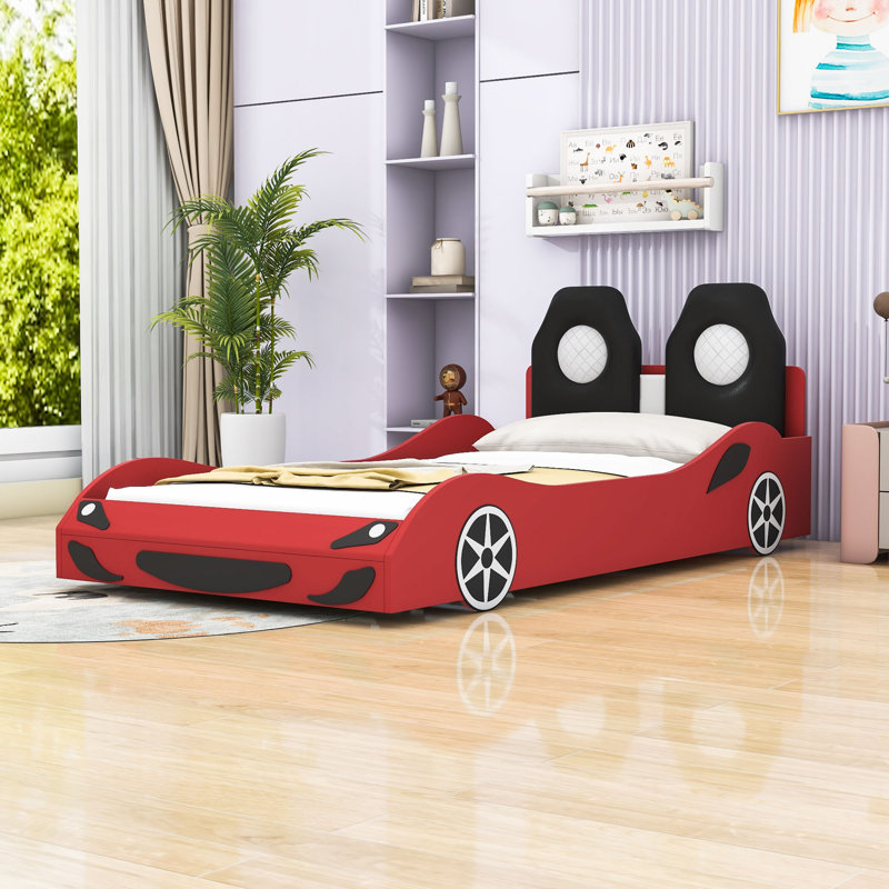 Lit plateforme simple en bois en forme de voiture de course avec DEL et lattes