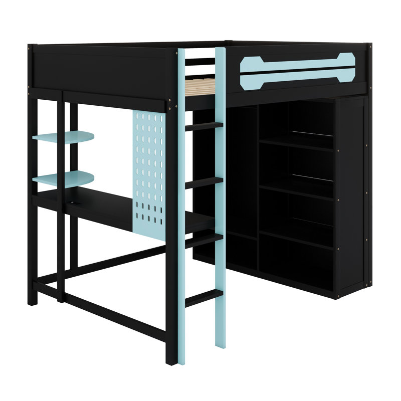 Structure de lit contemporaine avec bureau et garde-robe combinés, rehaussée par une atmosphère à DEL programmable, Bleu
