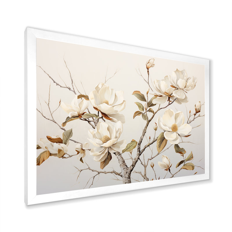 Minimalisme, fleurs de magnolia blanches sur toile, Cadre simple blanc, H 24 po x l 32 po x P 1 po