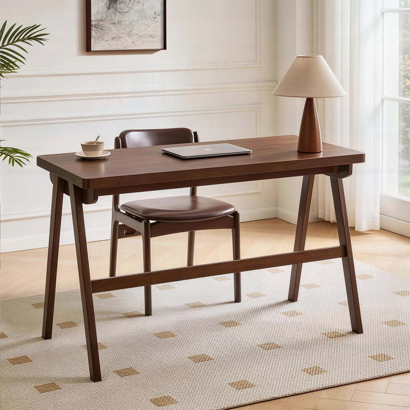 Bureau d'ordinateur en bois d'hévéa, bureau d'écriture rétro en noyer avec tiroir, pieds robustes en forme de A, 47,24 po