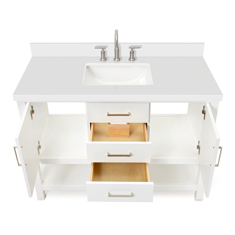 Meuble-lavabo simple avec plateau en quartz Abby, Blanc, Quartz blanc pur, L 49 po