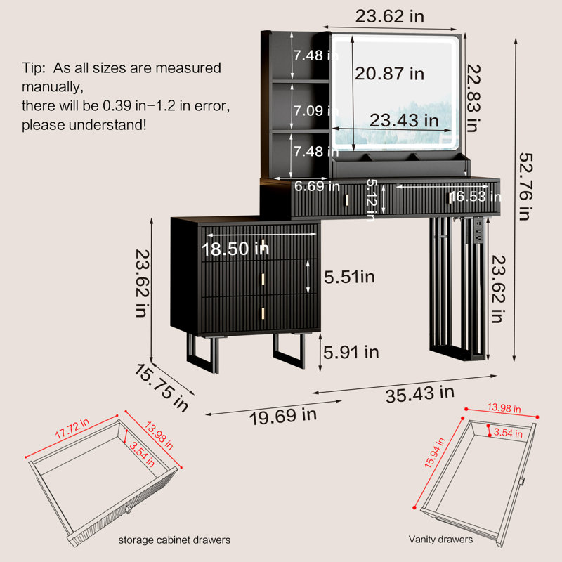 Axelson Makeup Vanity Desk with Large Mirror and Lights&Charging Station,3 Lighting Modes, Black/Black
