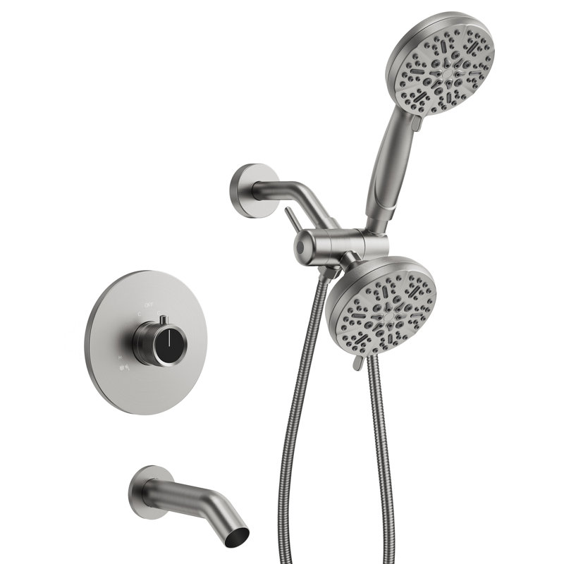 Three-Function Tub Shower Faucet Set, Showerhead and Hand Shower with 5 Spray Settings, Brushed Nickel