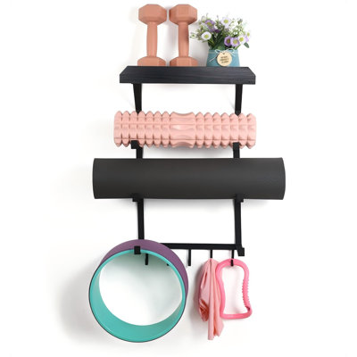 Yoga Mat Holder Wall Mount,Yoga Mat Rack Home Gym Accessories, Storage For Foam Roller, With Wood Floating Shelves For Hanging Yoga Strap And Resistance Bands