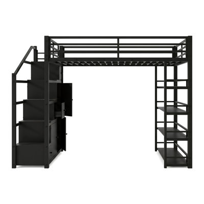Queen-size Metal Loft Bed With Storage, Featuring Shelves, Cabinets, And A Wardrobe