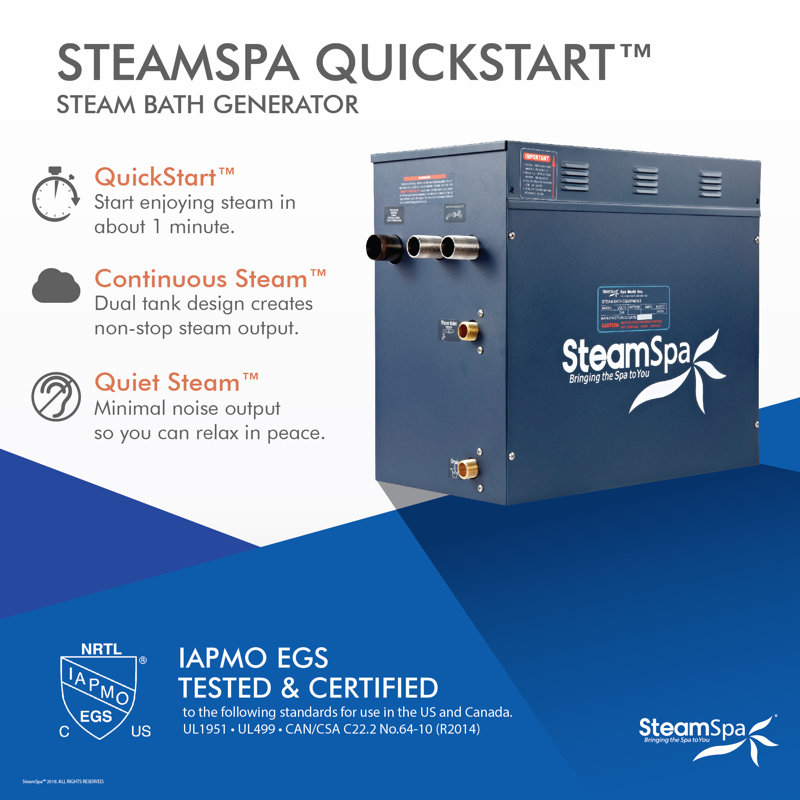 Ensemble de générateur de bain à vapeur en acier inoxydable à démarrage rapide Steamspa Royal Series 12 kW à finition dorée brillante