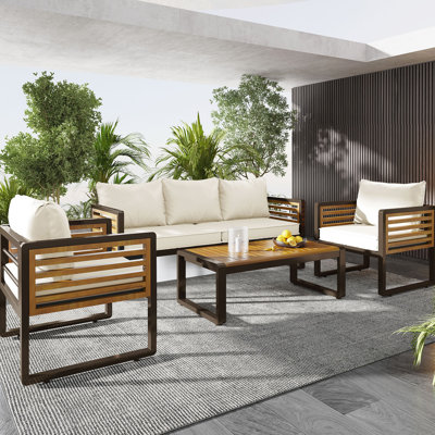 Ensemble de conversation pour grand canapé 4 pièces pour 5 personnes, ensemble de canapé de jardin avec coussin amovible, structure en métal brun et bois, plateau en bois d'acacia, coussins beiges