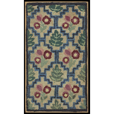Small Size Ivory Color Antique American Folk Art Design Hooked Rug
