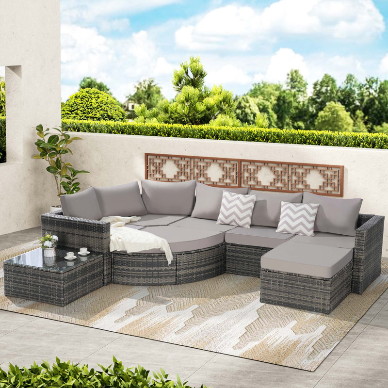 Ensemble de canapé d'extérieur 8 pièces, ensemble de conversation modulaire en forme de L en osier avec repose-pieds courbé et table en verre pour la piscine
