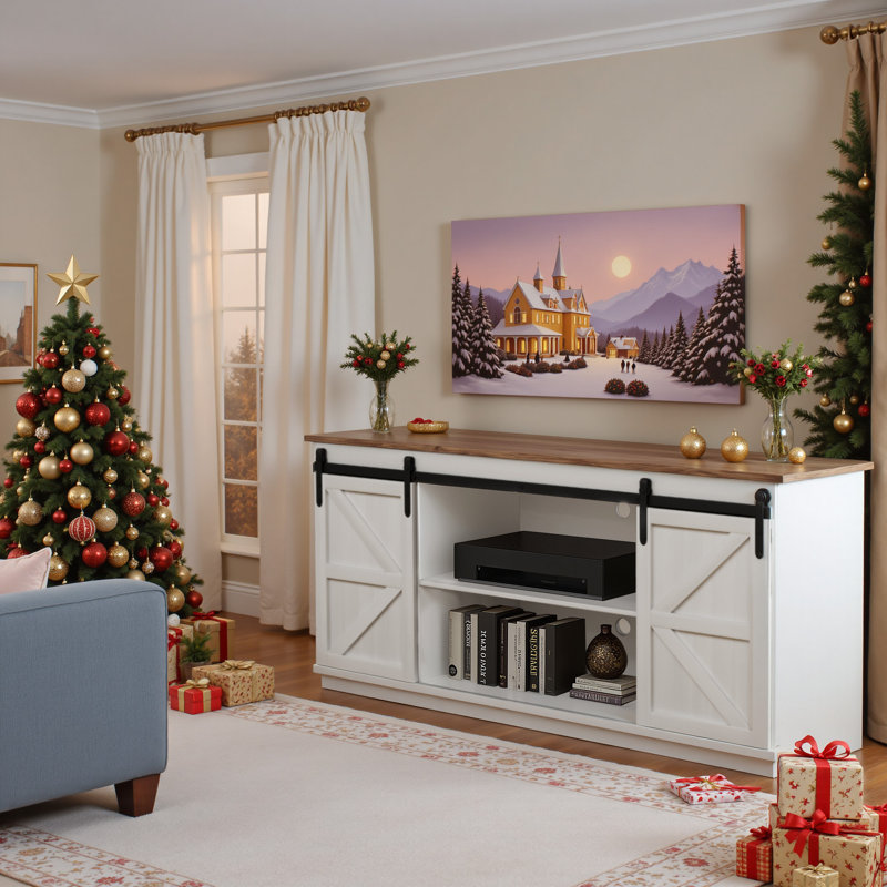 Ben Tv Stand For Tvs Up To 65" With Double Sliding Barn Doors And Storage Cabinets, White Wood