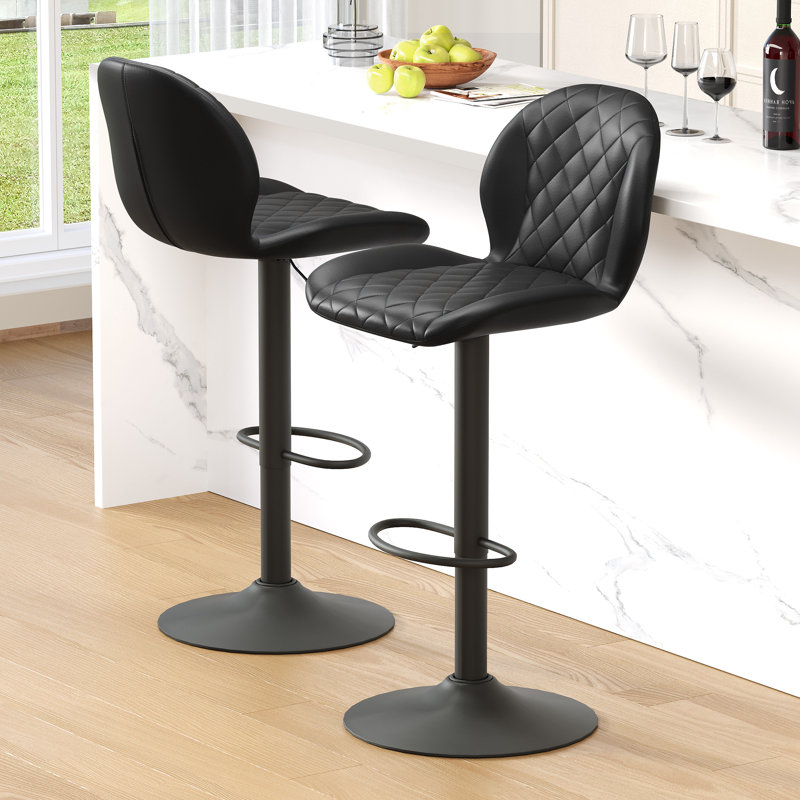 Adjustable Swivel 24"-33" Height Rhombus Faux Leather Bar Stools with Back for Kitchen Island, Black, 3
