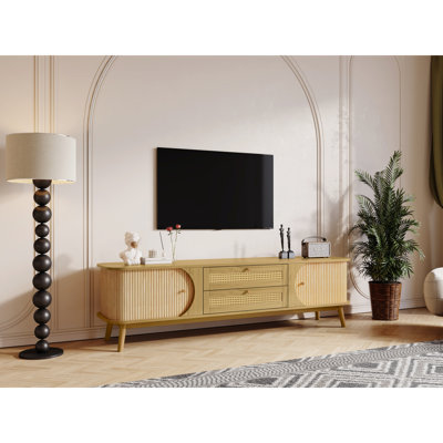 Rattan TV Stand For Tvs Up To 75 Inch Farmhouse Media Console Entertainment Centre Solid Wood Legs