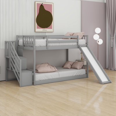 Twin Over Twin Bunk Bed, Solid Pine Wood Low Bunk Bed With Convertible Slide & Storage Shelves, Sturdy Twin Bed Frame With Guardrails & Stairway, Space Saving For Bedroom Guest Room Apartment